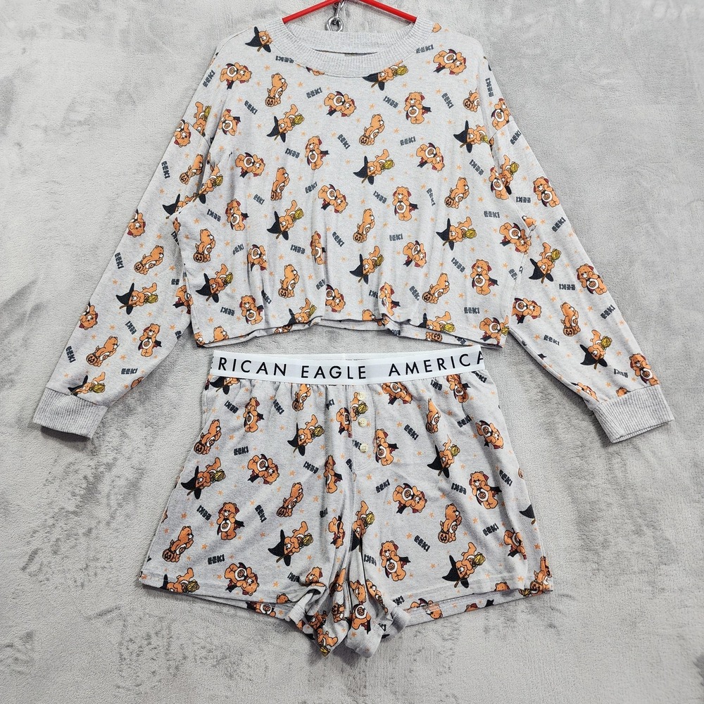 American Eagle Pajama Set Womens L Gray AE Lounge Care Bears Halloween EEK Comfy